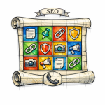 A stained-glass style scroll shows a 90-day content calendar with weekly panes and a phone icon for calls.