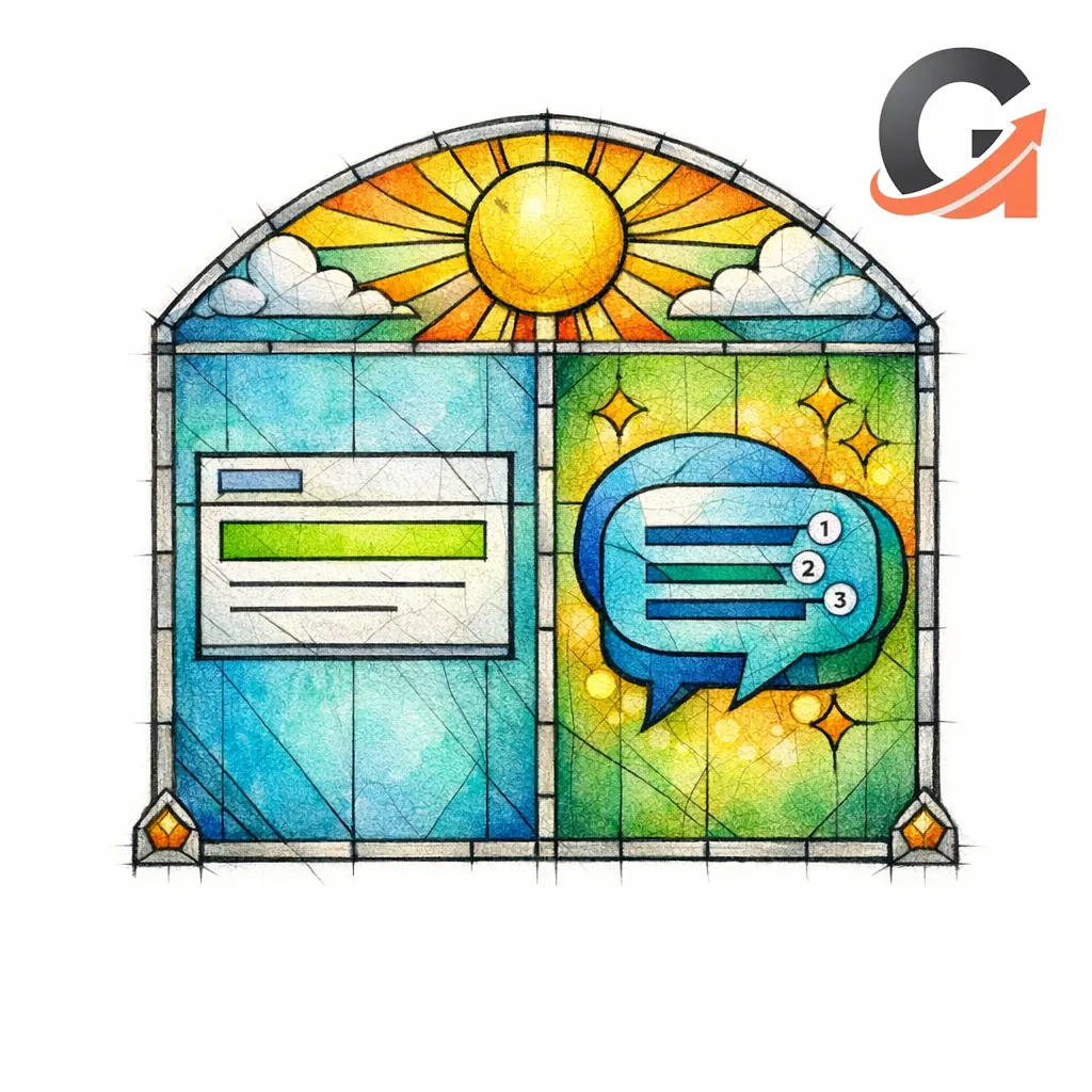 A stained-glass split diagram comparing AEO as a snippet box and GEO as an AI summary with citations.