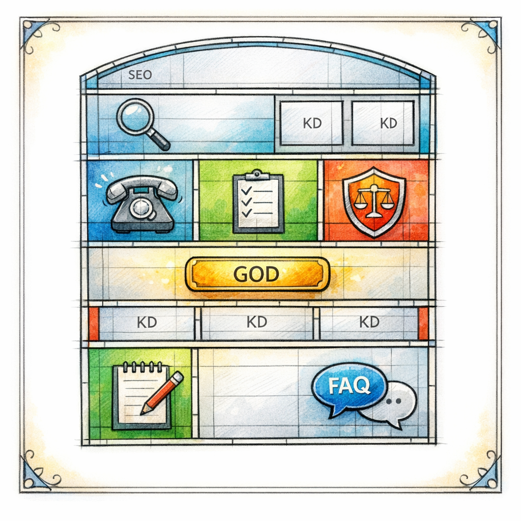 Stained glass diagram shows a practice area page layout from hero to FAQs with callouts for actions and trust.