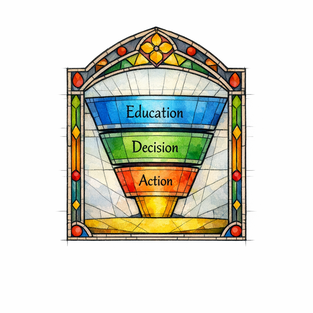 A three-layer funnel diagram shows Education, Decision, and Action stages guiding shoppers toward purchase.