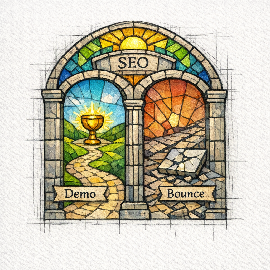 A stained-glass doorway labeled SEO with a forked path toward Demo and Bounce, showing late-funnel intent.