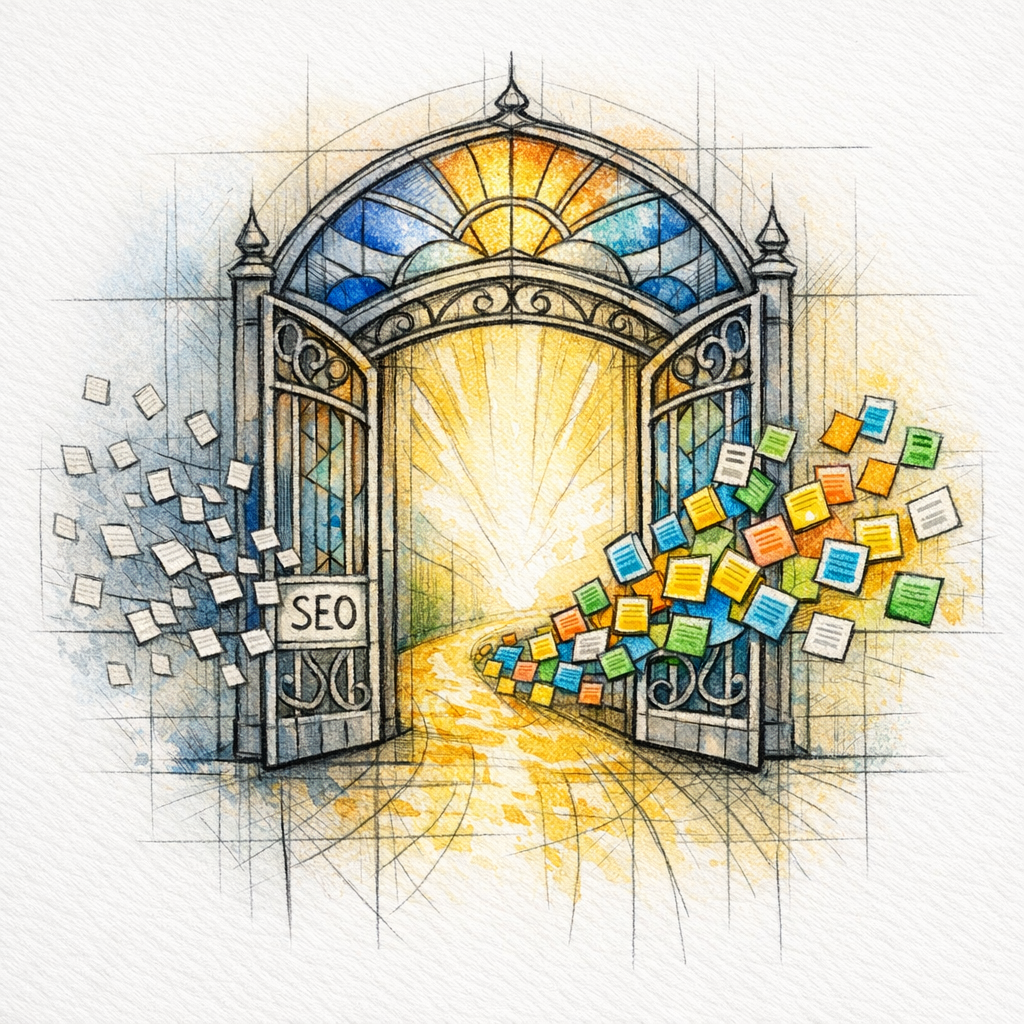 A stained-glass gate filters only high-quality local pages into a bright index path.