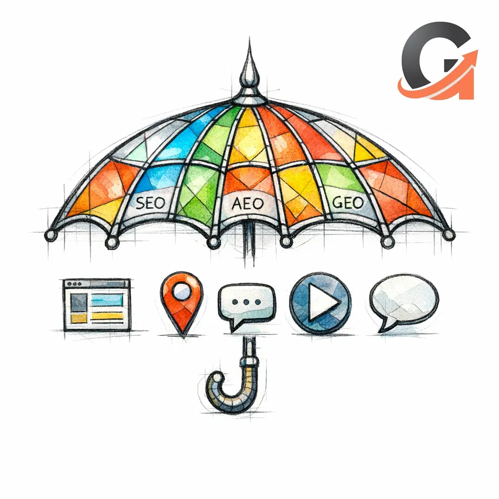 A stained-glass umbrella shelters icons for web, maps, chat, video, and social discovery under one strategy.
