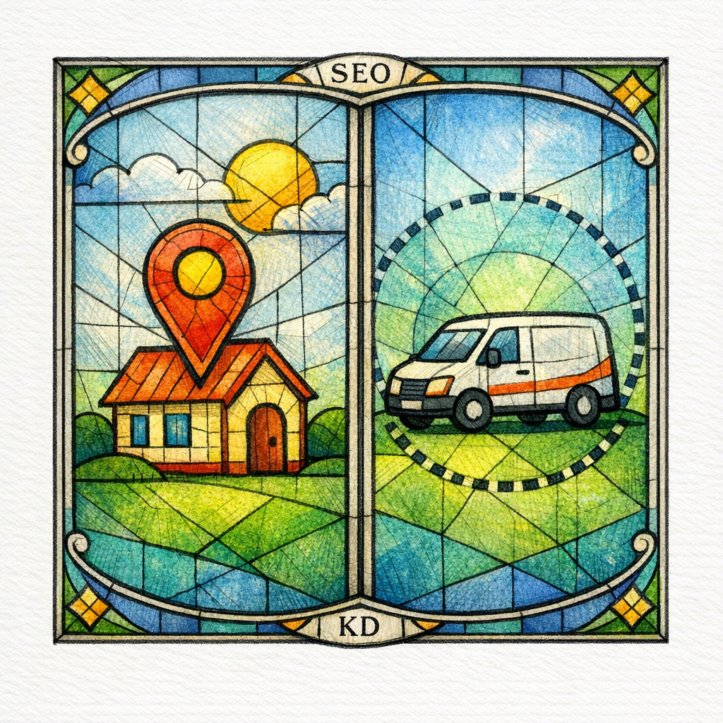 A split stained-glass diagram contrasts a storefront location page with a mobile service area page.