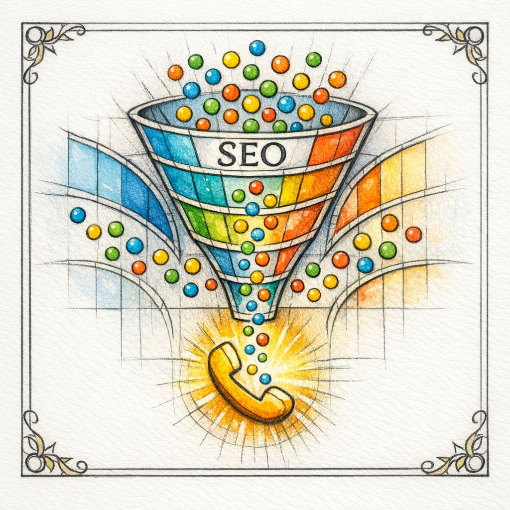 A stained-glass funnel shows clicks turning into qualified calls, with unqualified leads filtering out.