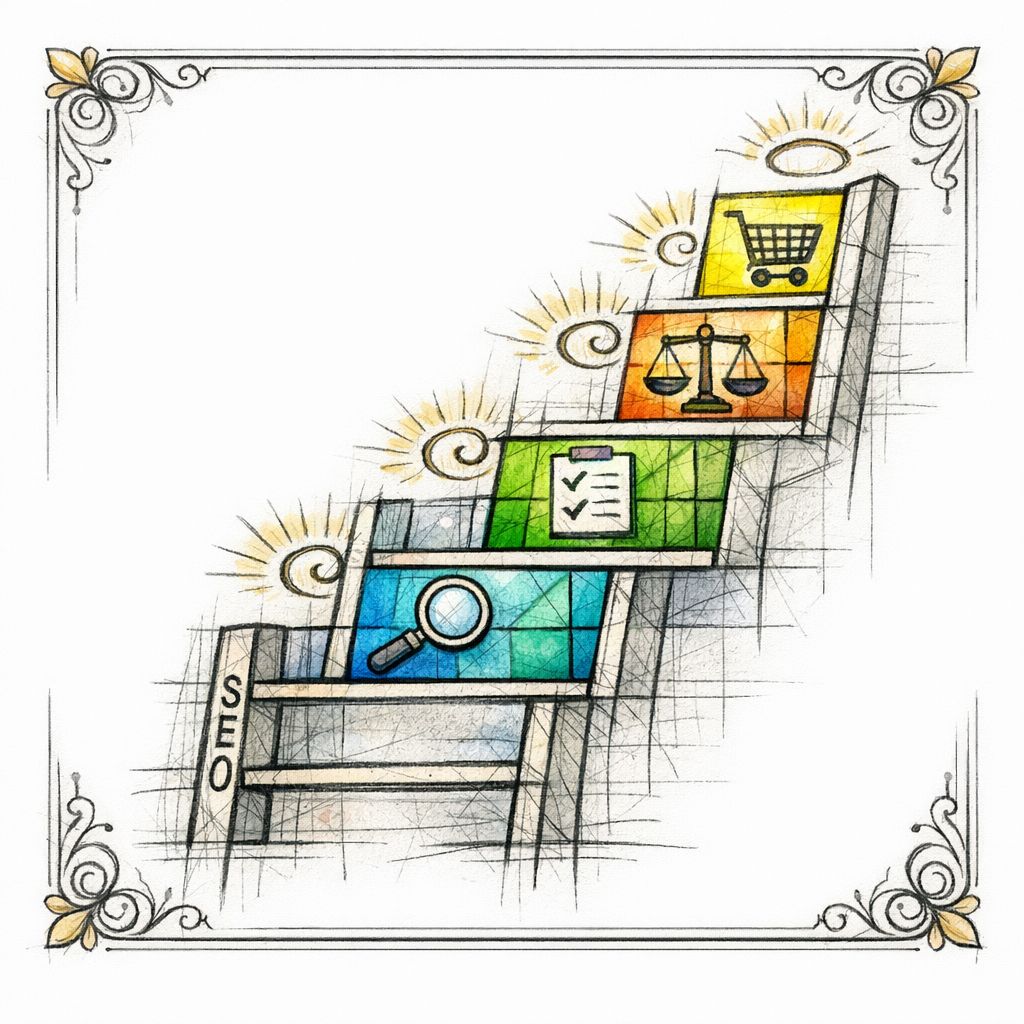 A stained-glass ladder diagram showing search intent steps from questions to purchase.