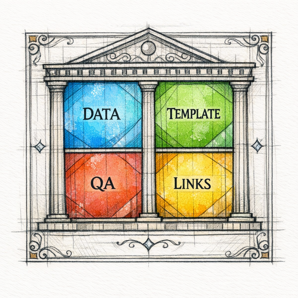 A stained-glass style blueprint shows dataset, template, QA, and internal links forming a temple-like system.