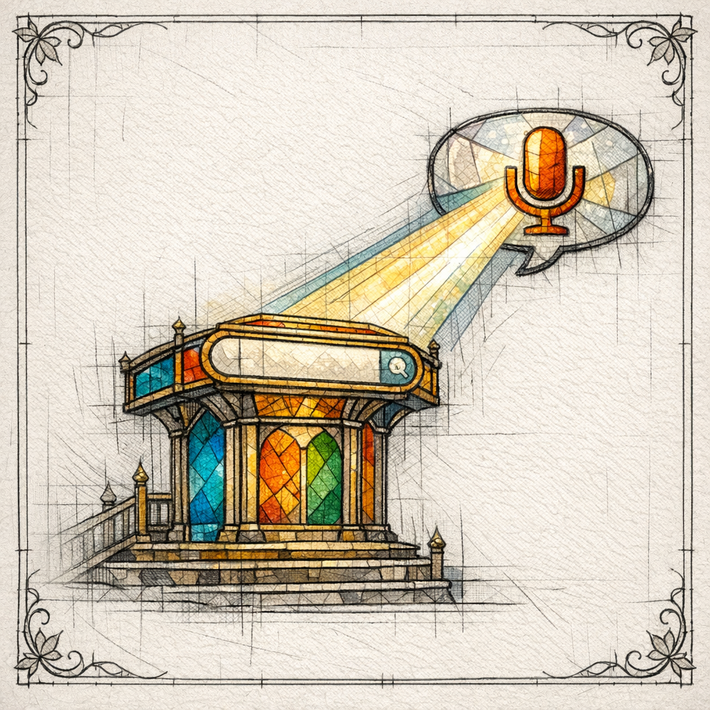 A stained-glass pulpit projects a single clear answer beam toward a speech bubble and search bar.