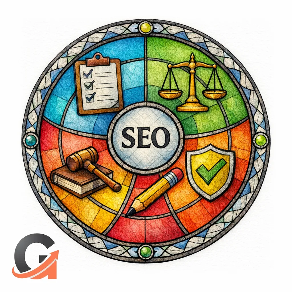 A stained-glass style circular workflow shows audit, prioritize, update, verify, and govern in a clean loop.