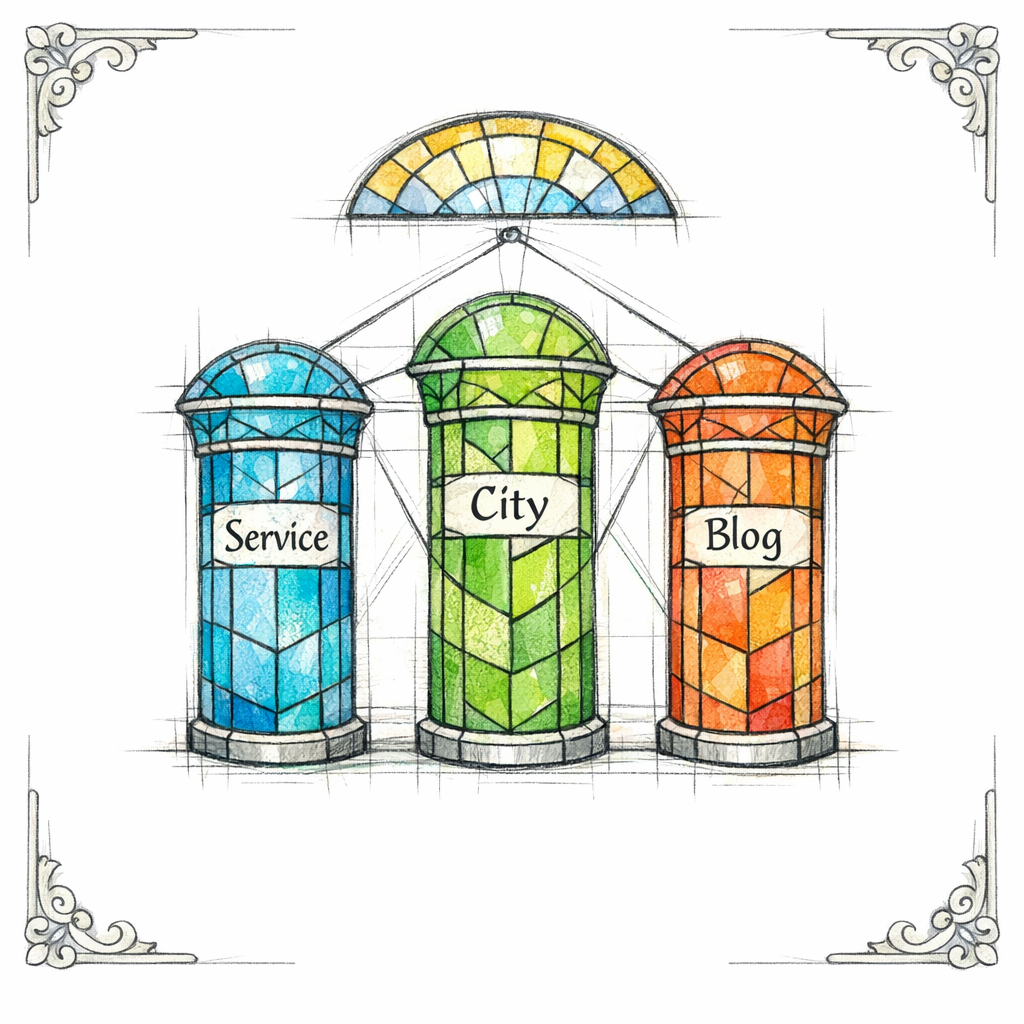 A stained-glass diagram shows service pages, city pages, and lead-gen blogs as three connected pillars.