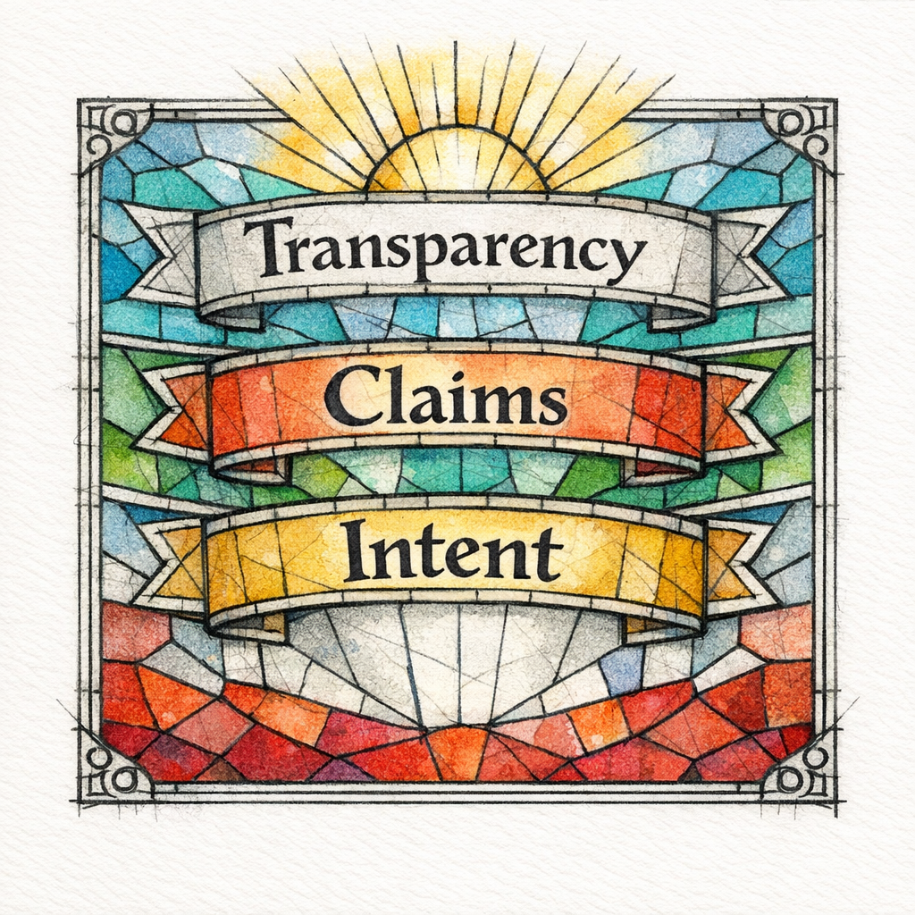 A stained-glass style layered diagram showing how trust builds from intent to claims to transparency.
