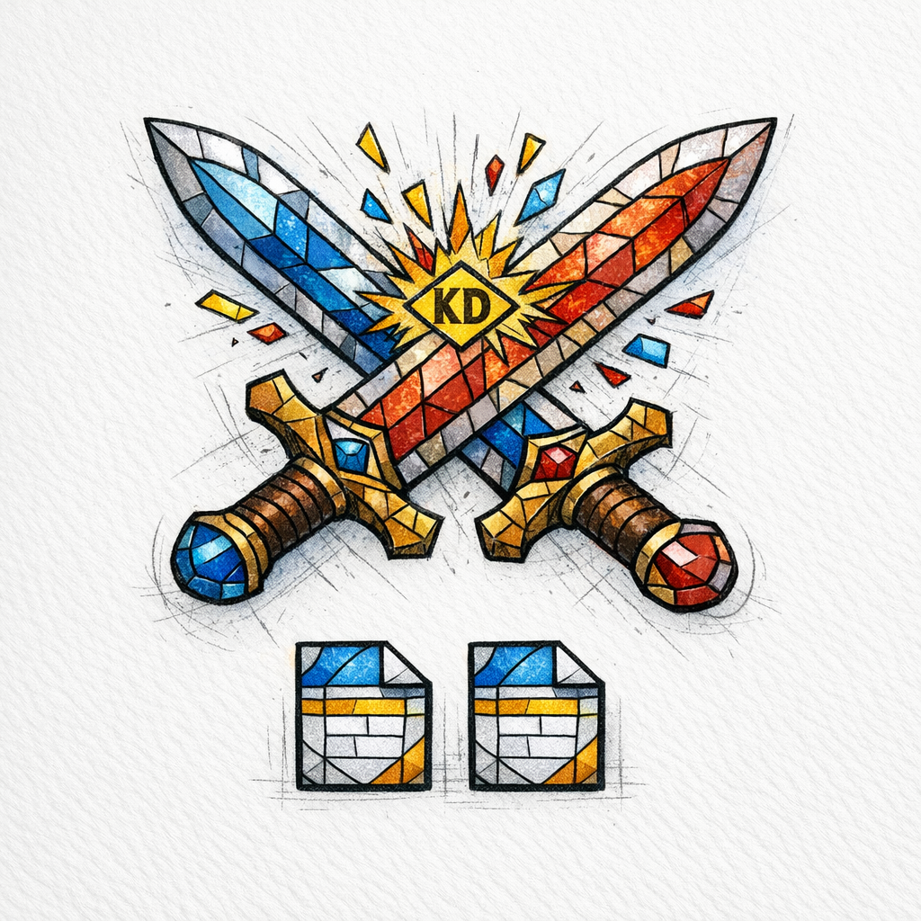 Two stained-glass swords clash to represent pages fighting the same keyword and losing rankings.