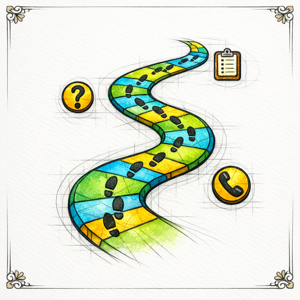 Footsteps in stained glass trace a realistic care journey path to show lived experience in content.