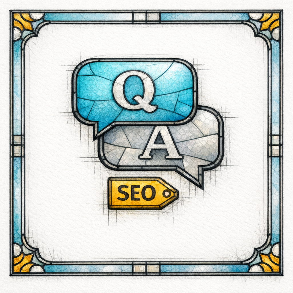 A stained glass stack of Q and A bubbles sits beside a small schema-like tag, emphasizing visible answers.