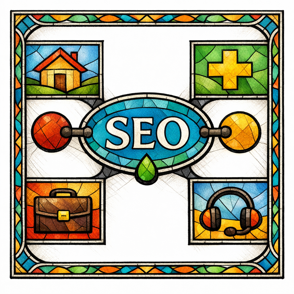 A stained-glass page shows a core integration center with optional industry blocks around it.