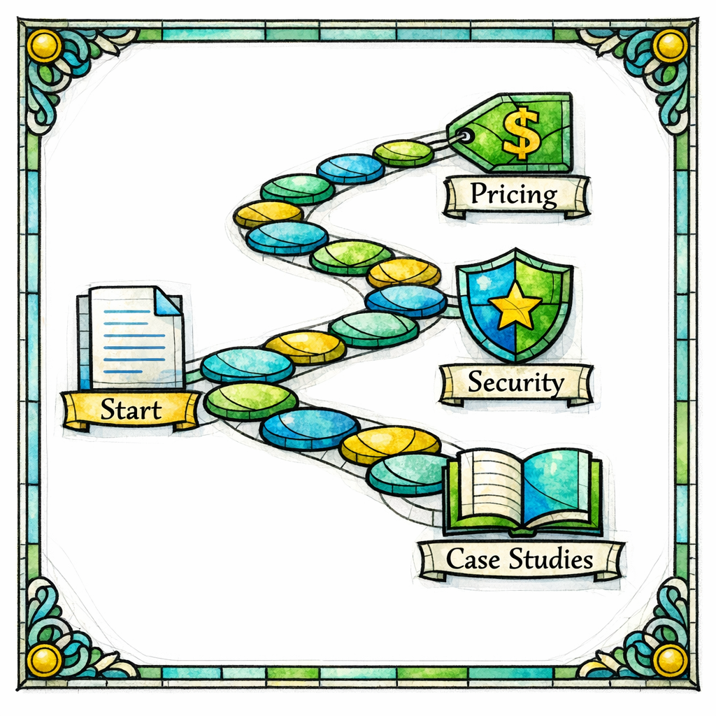 A stained-glass pathway of stepping stones links from the comparison page to Pricing, Security, and Case Studies.