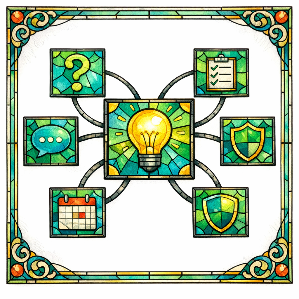 Nodes of stained-glass pages connect into a cluster, showing journeys from awareness to action.