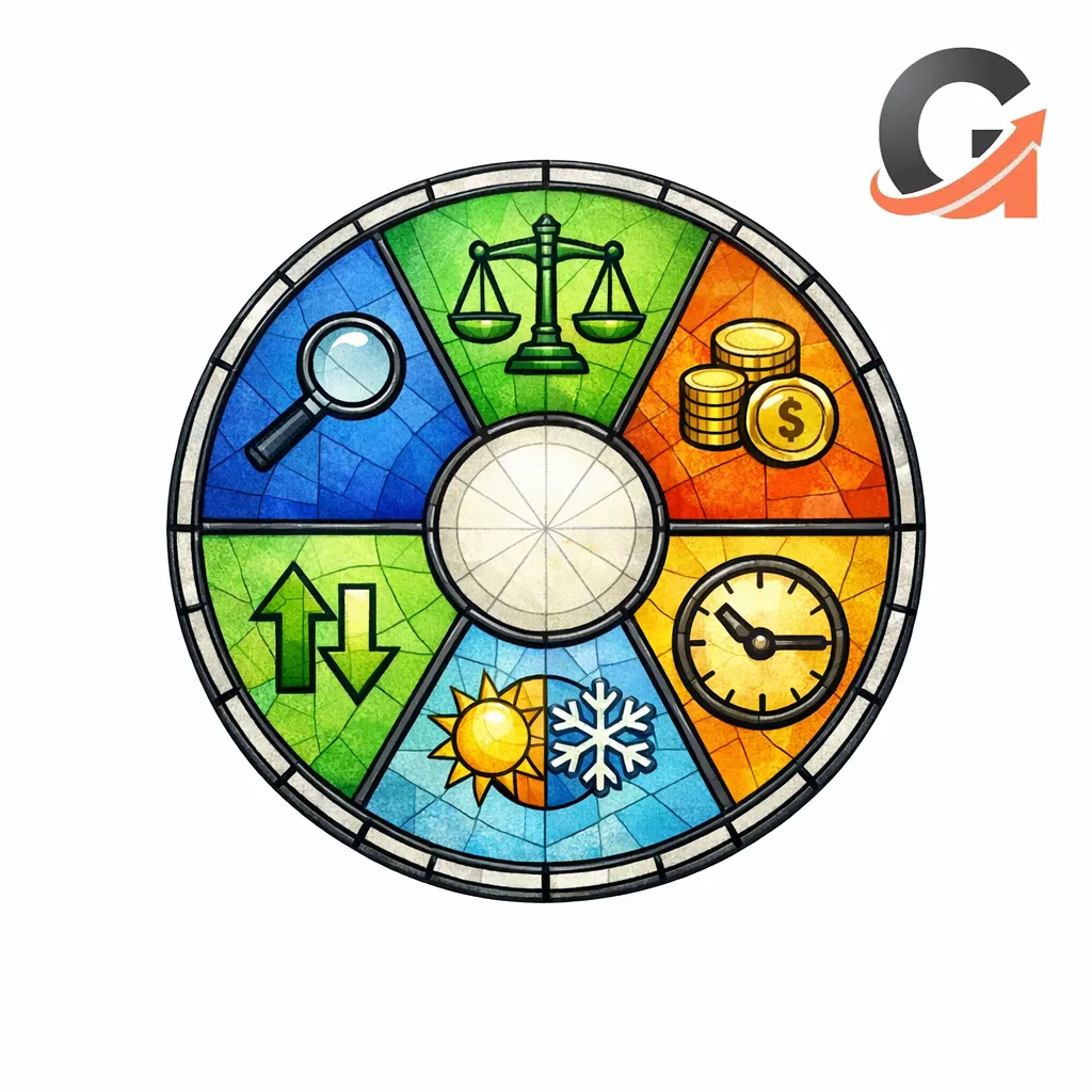 A stained-glass wheel splits six blog categories like cost, troubleshooting, and repair vs replace.