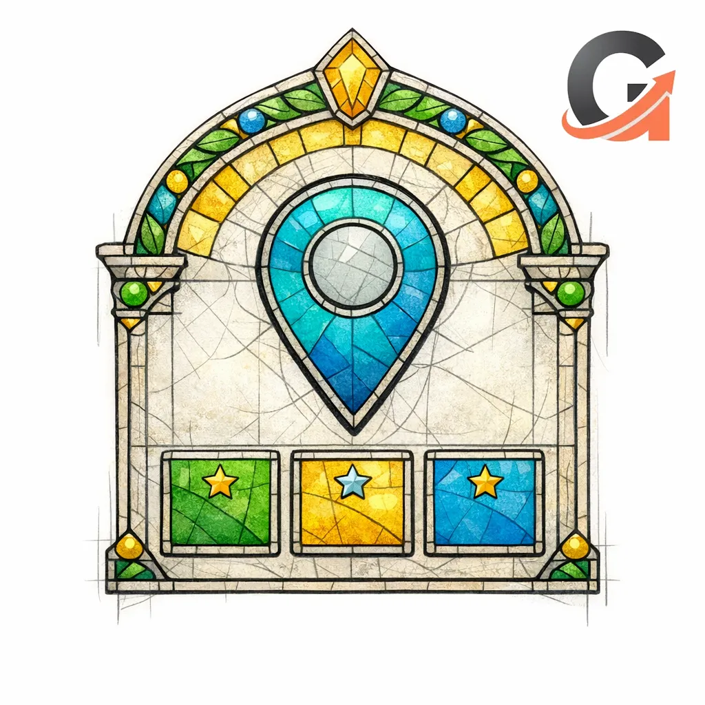 A stained-glass map pin sits above three cards like a local pack, emphasizing high-intent local trust.