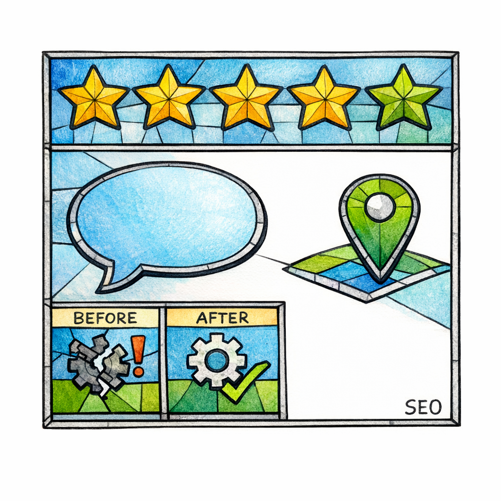 A stained-glass review panel shows stars and a small map pin to keep testimonials locally relevant.