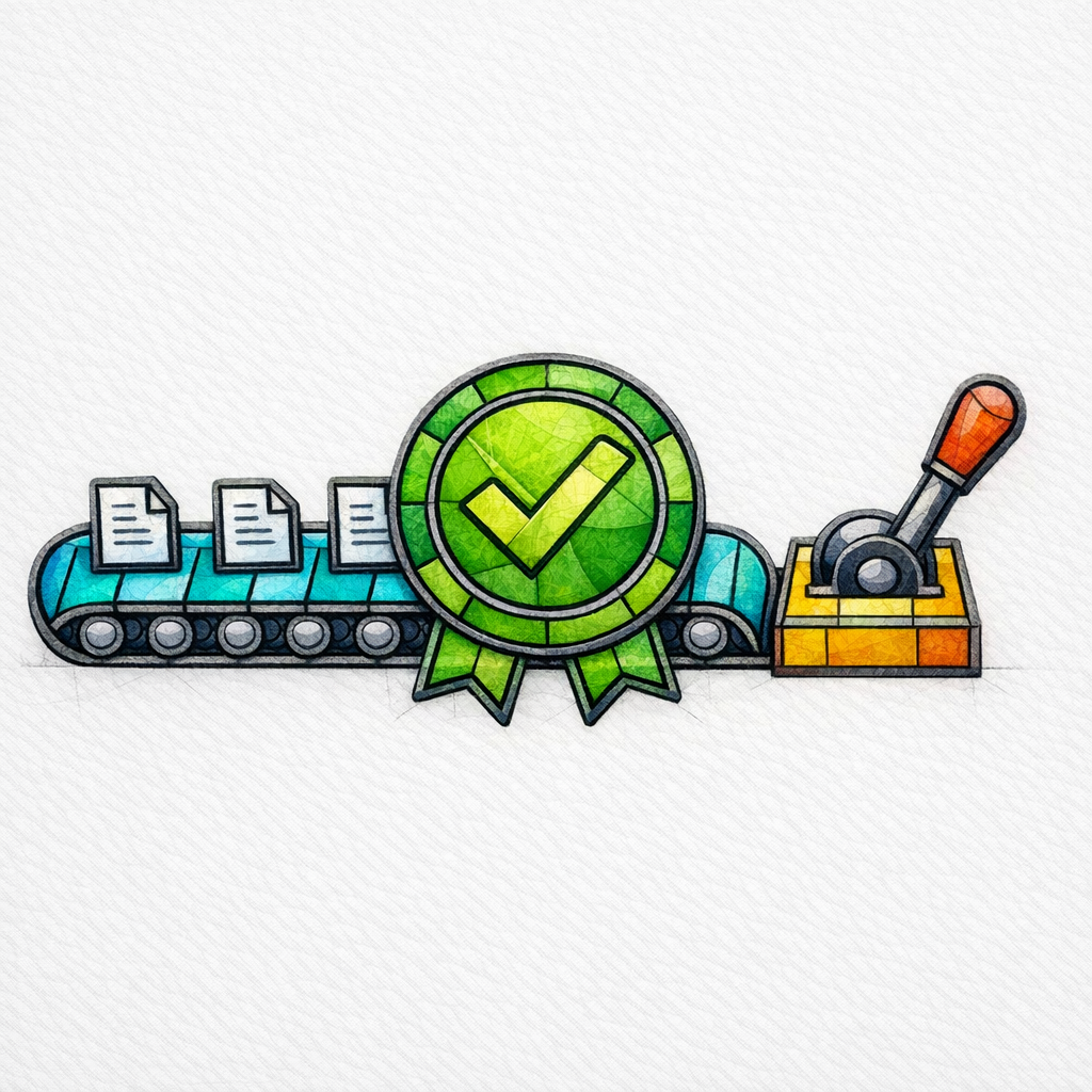 A stained-glass conveyor moves pages to a publish button, but only after a stamped approval seal.