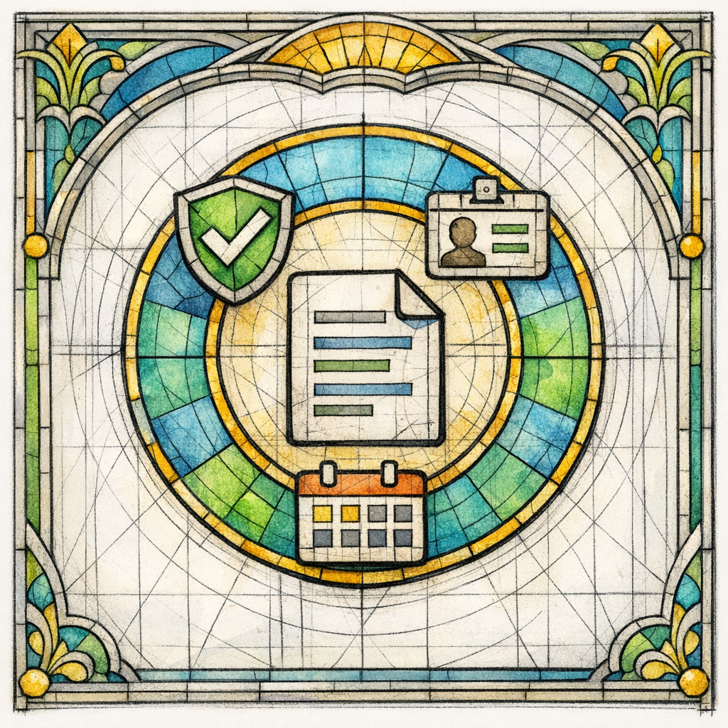 A stained-glass shield, author badge, and update calendar form a halo around a central page icon.