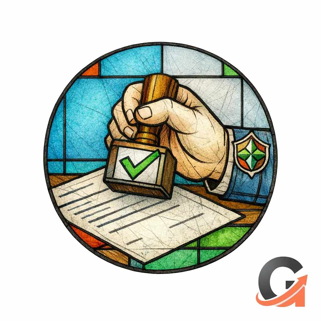 A stained-glass hand holds a review stamp over a document, showing defined SME review and accountability.