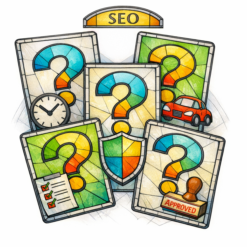 A stained-glass question stack illustrates FAQs that capture long-tail searches and reduce friction.