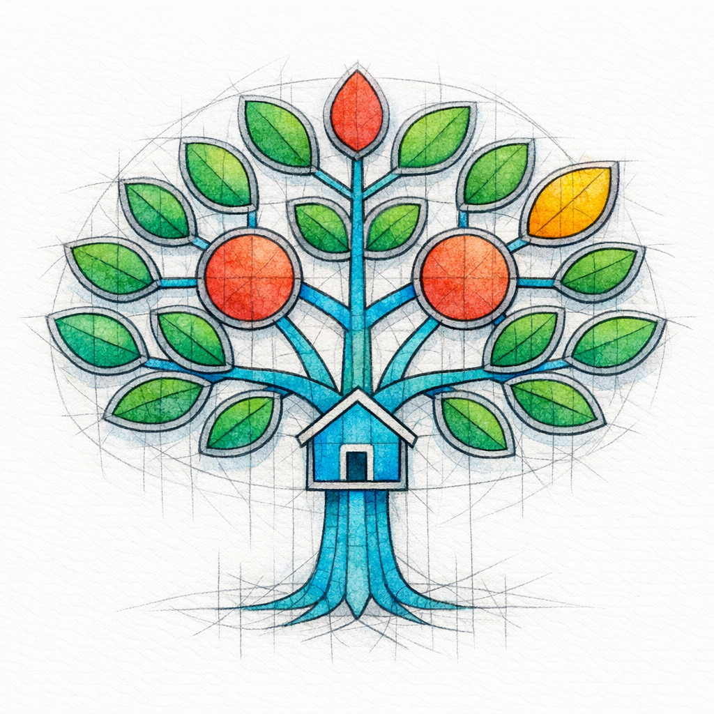 A stained-glass sitemap tree shows internal links guiding crawlers to a new page.