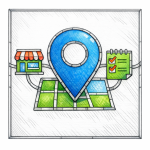 A stained-glass map pin and storefront align with a checklist to show consistent local business signals.