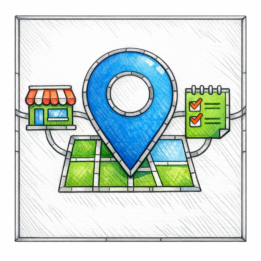 A stained-glass map pin and storefront align with a checklist to show consistent local business signals.