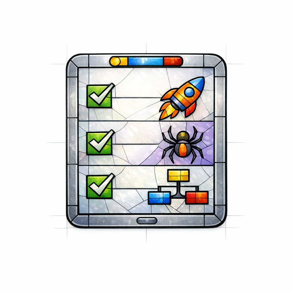 A simple stained-glass checklist shows speed, crawlability, and structure as steady foundations.