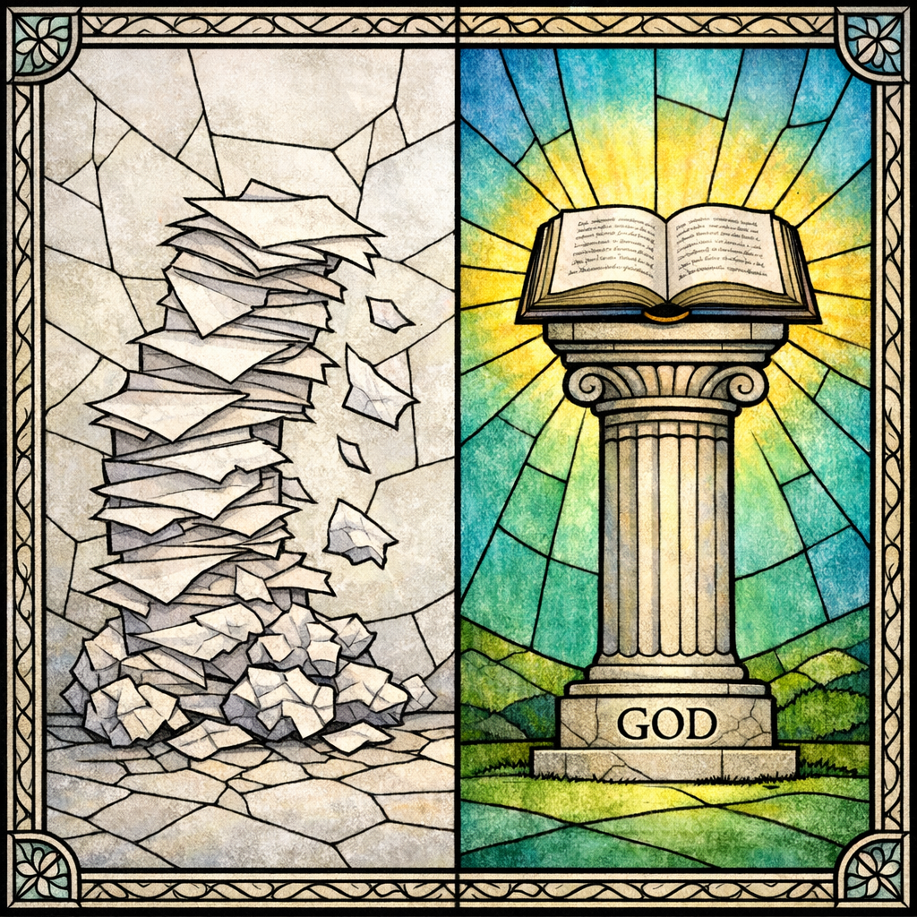 A stained-glass caution altar showing thin pages crumbling into dust beside a strong pillar.
