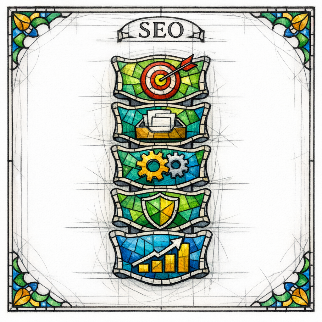 A stained-glass spine diagram connects goal, inputs, actions, safeguards, and metrics in order.