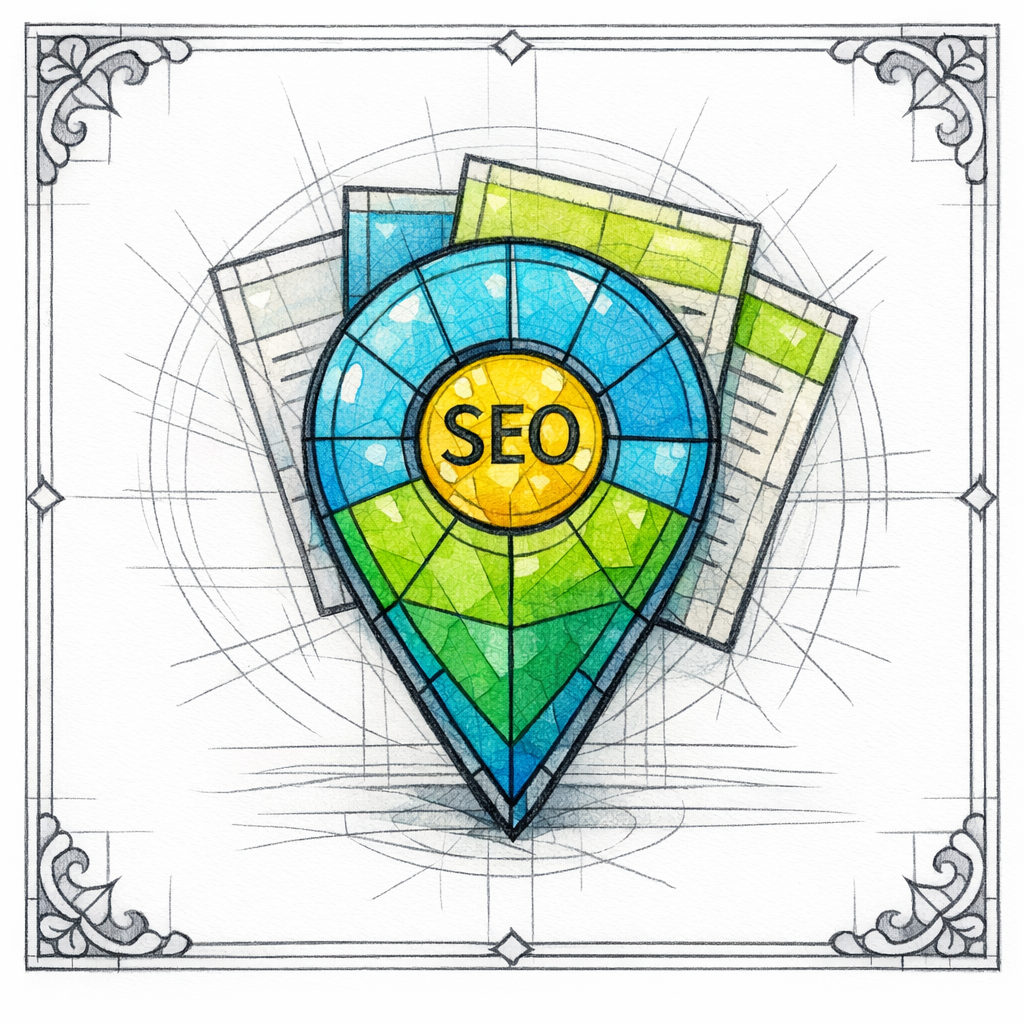 A stained-glass map pin anchors multiple service pages, showing SEO strength for repeatable local demand.