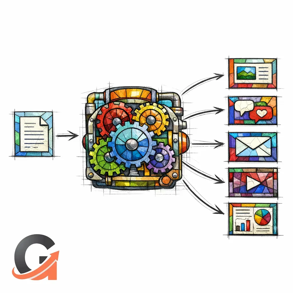 A stained-glass machine turns one core asset into multiple reusable outputs across platforms.