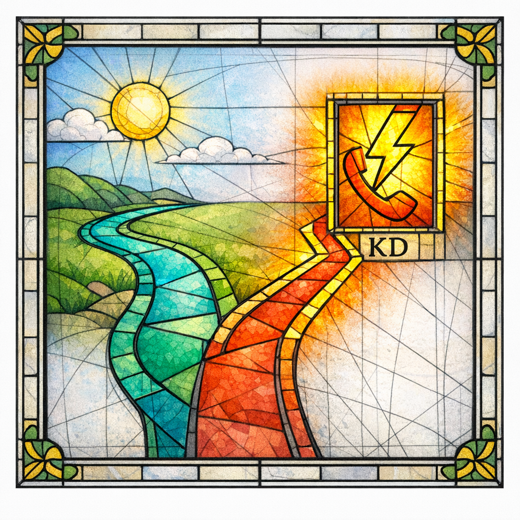 A stained glass lightning bolt points to an urgent phone line pane, separated from the normal path.