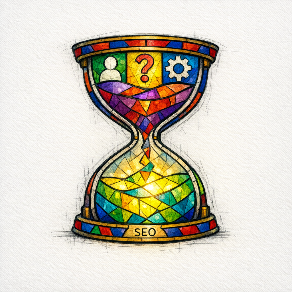 A stained-glass hourglass shows the need to communicate who, what, and how in under a minute.