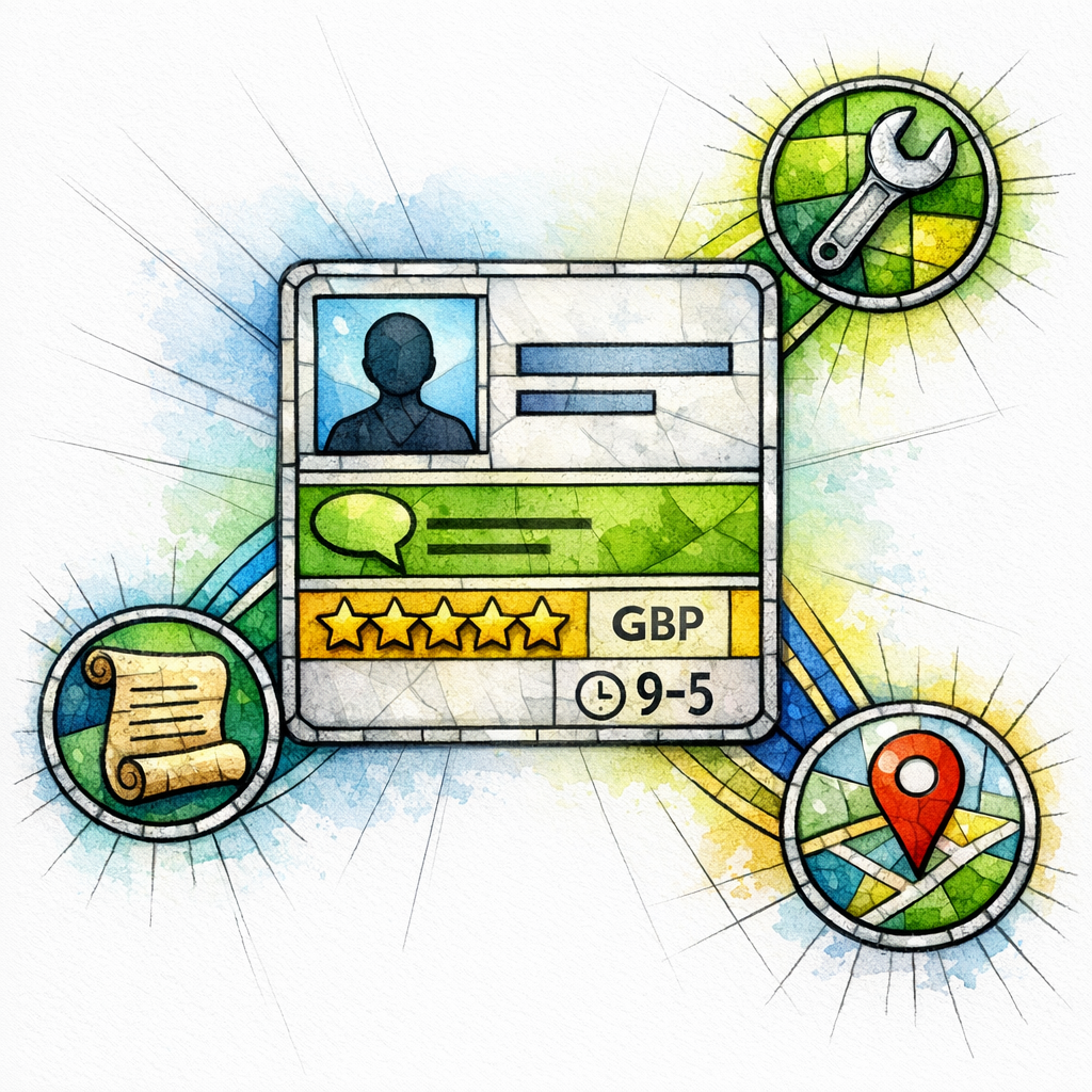 A stained-glass storefront card radiates signals that echo into website pages.