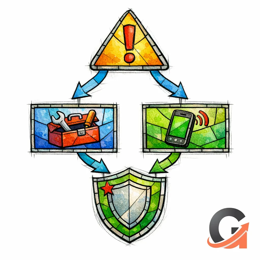 A stained-glass decision path flows from a warning symbol to DIY checks and then to call a pro.
