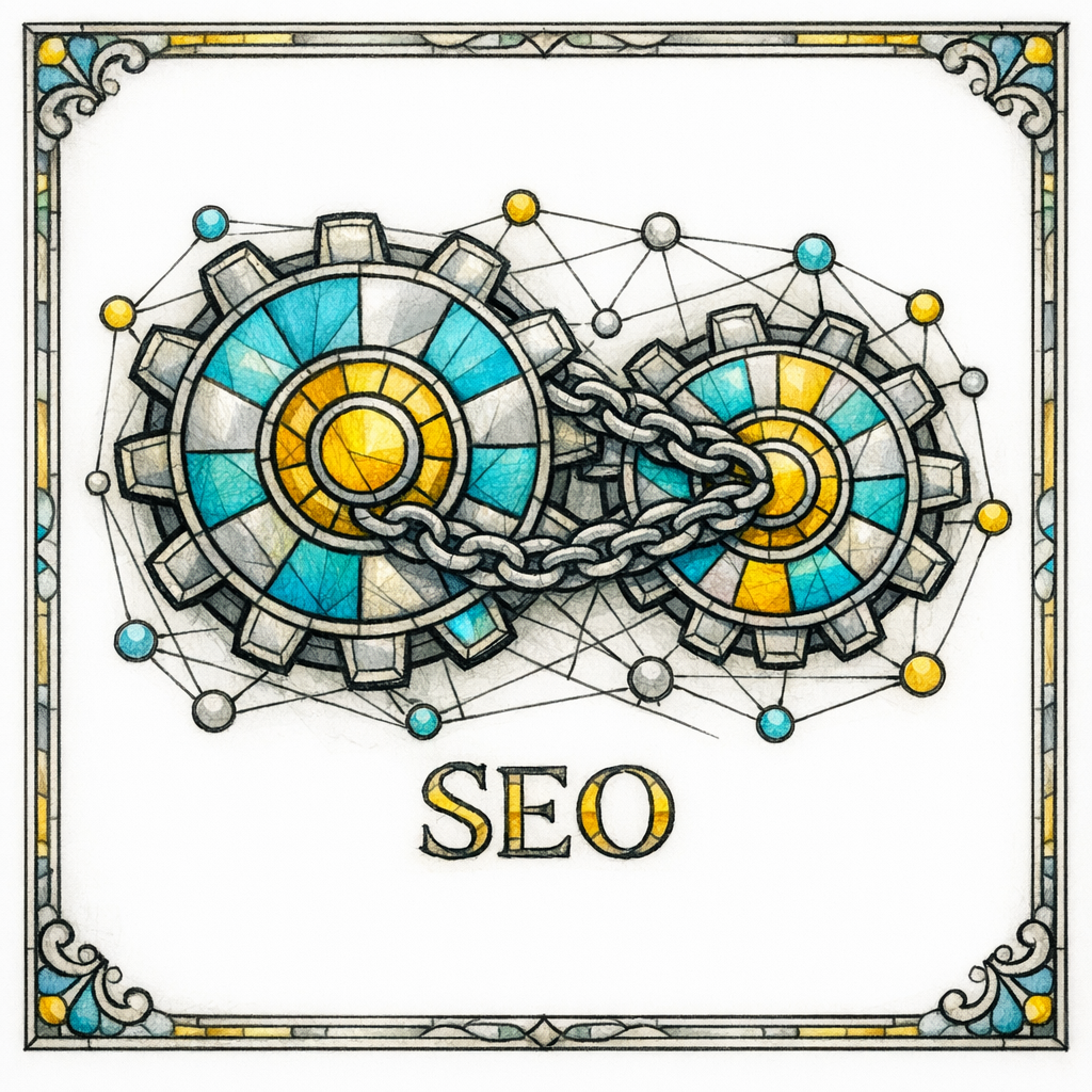 A stained-glass gear-and-chain diagram shows internal links transferring authority through content hubs.