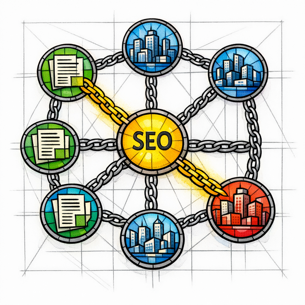 A stained-glass node map shows hub-to-city and city-to-blog links as a crawlable structure.
