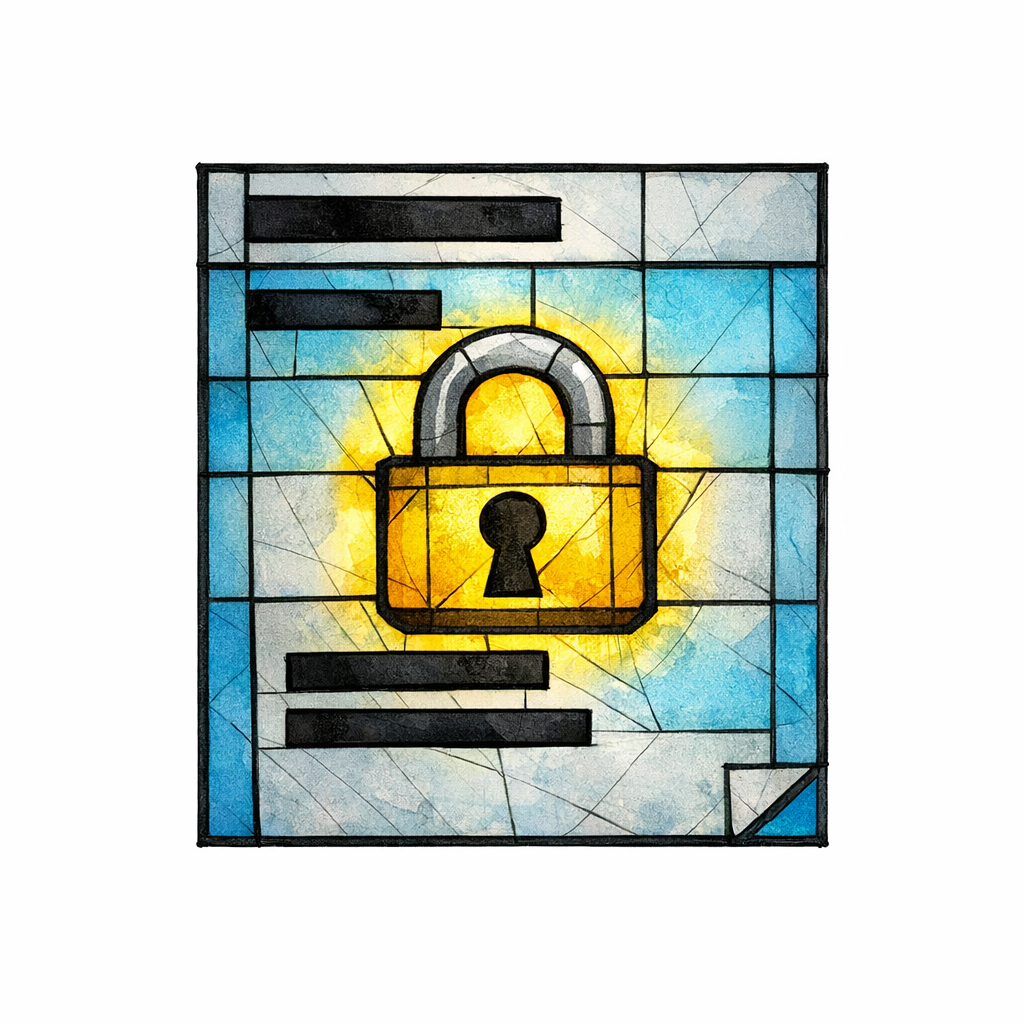 A stained-glass lock overlays a redacted document, representing safe handling of sensitive health details.