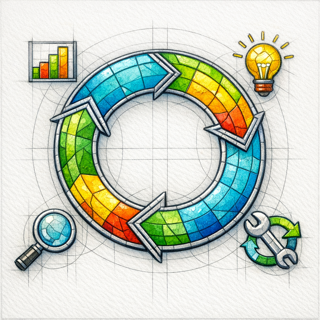 A stained-glass circular loop connects publish, measure, learn, and refresh with chart and wrench icons.