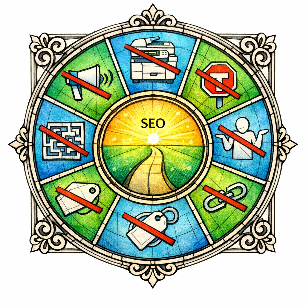 A stained-glass circular diagram with sin icons crossed out and corrected paths highlighted.