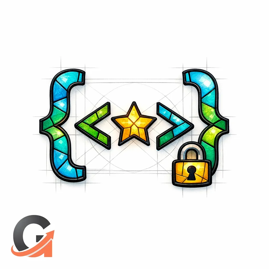 A stained-glass code bracket frames a star snippet, with a lock indicating honest markup and restraint.