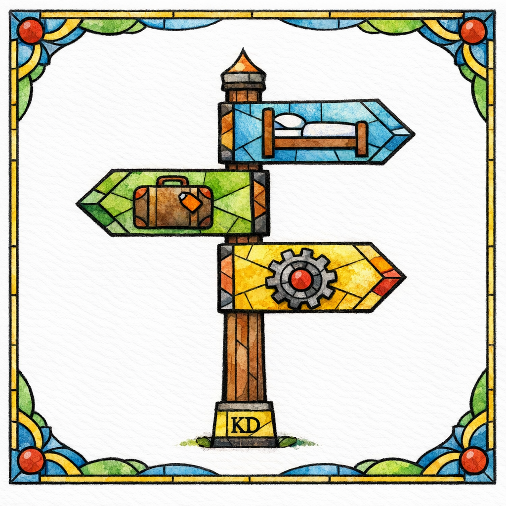 A stained-glass signpost showing best-for paths leading to different shopper needs.
