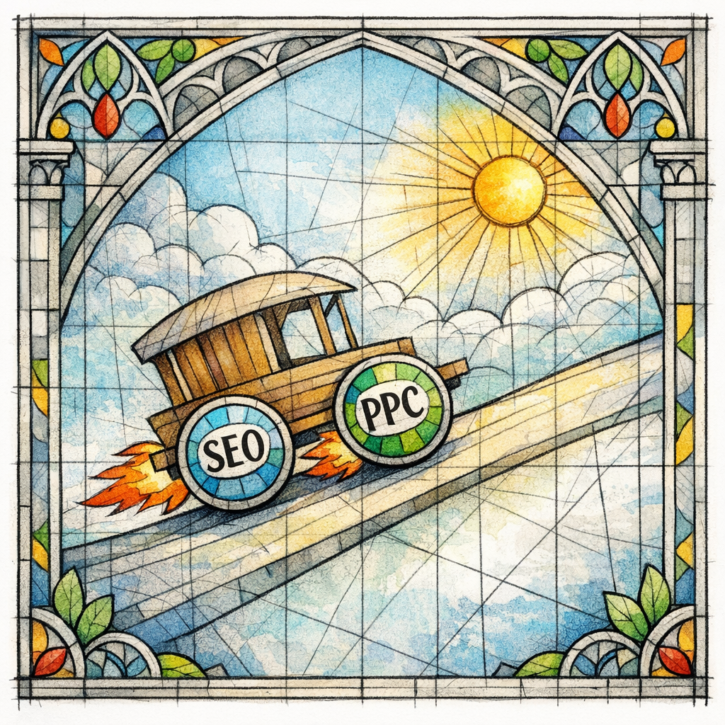 A stained-glass two-engine chariot shows SEO and PPC working together for stable growth over time.