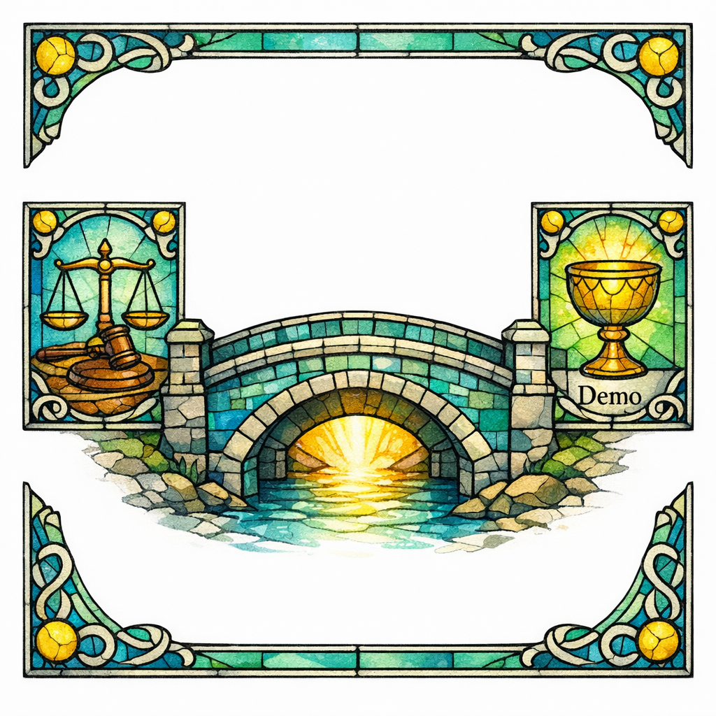 A stained-glass bridge connects a verdict plaque to a chalice labeled Demo, showing ranking to revenue flow.