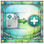 A stained-glass clinical page icon includes cautious guardrails and a referral arrow to seek care.